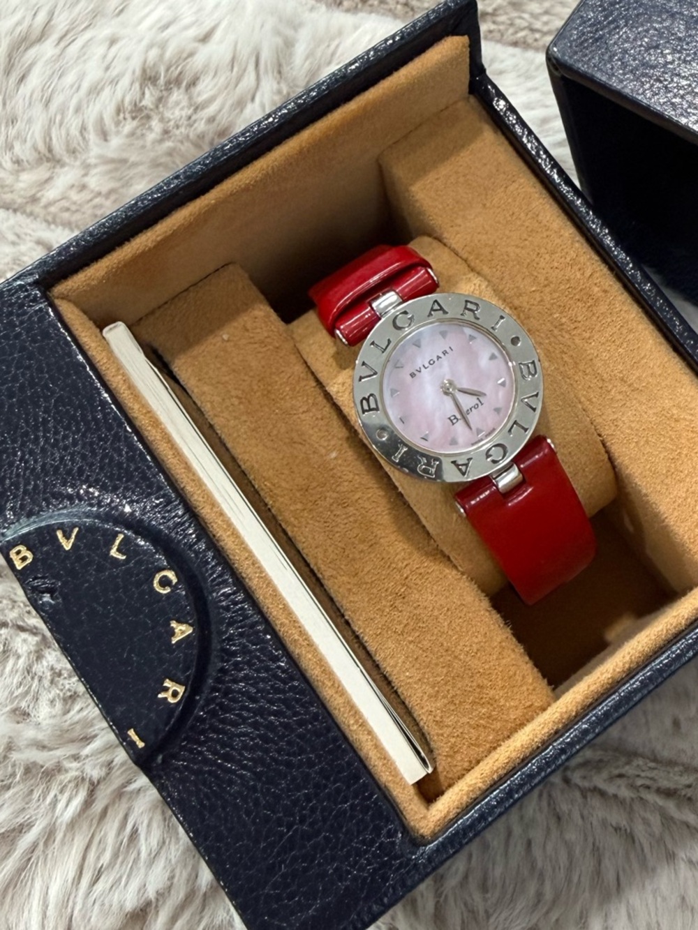 BVLGARI B Zero Red Leather Bracelet Watch with Mother of Pearl Pink Dial